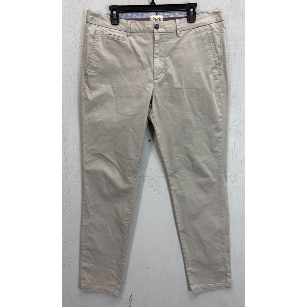 Mens PERK Khaki Pants Slim Stretch Size 36x32 Brown Tan Casual Flat Front